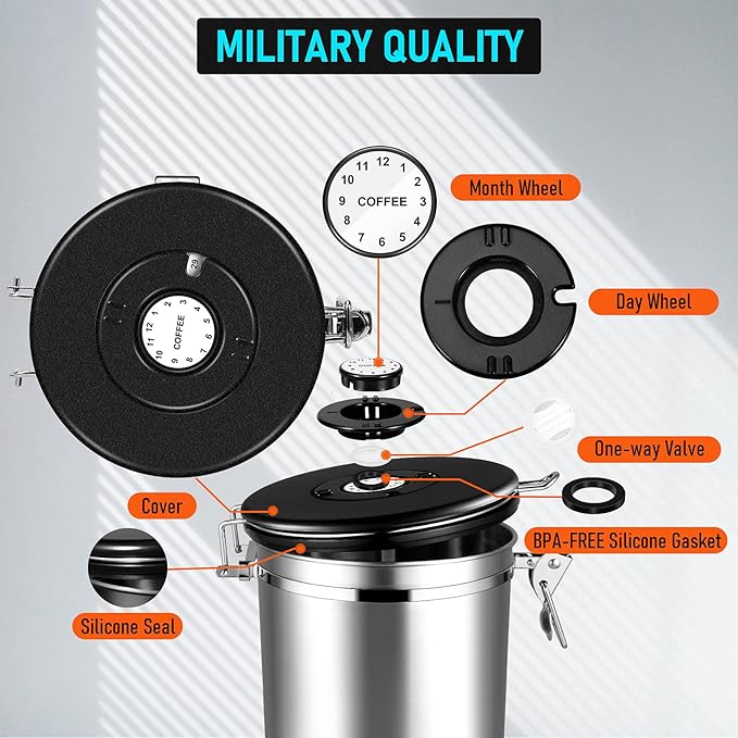 Coffee Canister Airtight 35OZ Large, Coffee Storage Container Stainless Steel Air Tight Coffee Jar with Scoop, Date Tracker and CO2 Release Valve for Beans, Ground, Tea, Flour, Cereal and Sugar, 2.8L