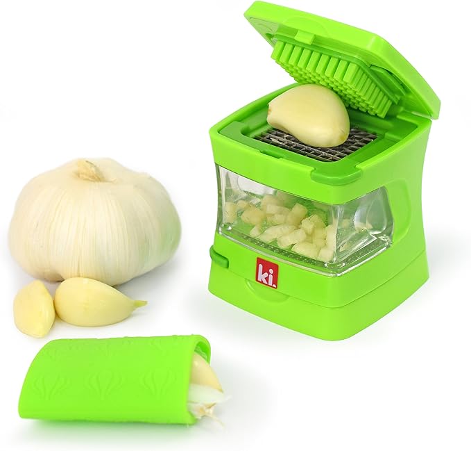 Kitchen Innovations Garlic-A-Peel Garlic Press, Crusher, Cutter, Mincer, and Storage Container - Includes Silicone Garlic Peeler - Easy to Clean - Stainless Steel Blades – (Green), standard