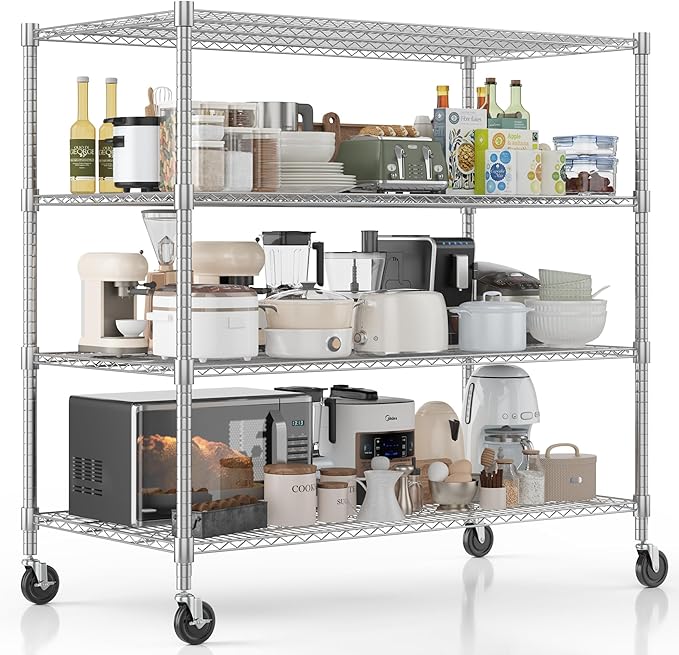 Homdox Heavy Duty Metal Shelves for Storage, 4 Tier Storage Racks and Shelving, Commercial Adjustable Wire Shelving Unit on Wheels, Garage Rack Pantry Shelves Kitchen Shelving, 24"x60"x72", Chrome