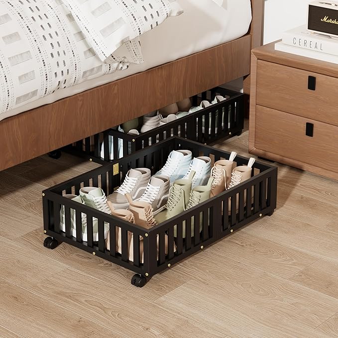 Bamboo Under Bed Storage with Wheels,Rolling Underbed Shoe Organizer Box for Shoes,Blankets,Toys,Clothes Container Space-Saving Bins for Bedroom,Closet,Dorm,Nursery