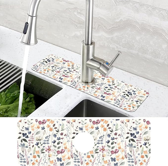 Vintage Watercolor Floral Kitchen Sink Splash Guard Mat Absorbent Fast Drying Mat Faucet Draining Mat Sink Splash Guard Behind Faucet Drip Catcher for Kitchen Bathroom 5.5"×15"