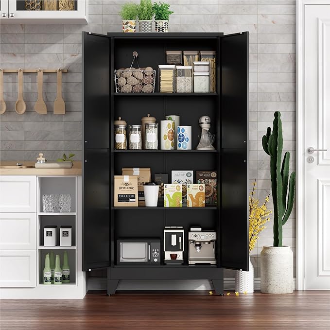 YNIQUESTLE Farmhouse Pantry Cabinet with Barn Doors,61" H x 27.5" W,Metal Cabinet with Adjustable Shelves,4-Tier Storage Cabinet for Kitchen Dining Room Garage Office,Black