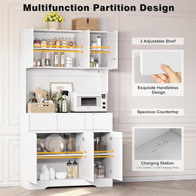 71" Pantry Cabinet with Charging Station and LED Lights, Tall Kitchen Pantry Storage Cabinet with Microwave Stand, Modern Hutch with Storage Drawers for Dining Room, Living Room (Milk White)