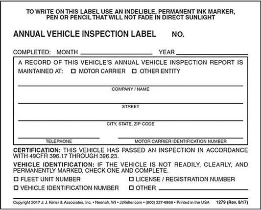 20-Pack, Annual Vehicle Inspection Label, 2-Ply Adhesive Vinyl, Prenumbered, DOT Compliant, J. J. Keller & Associates, Inc.