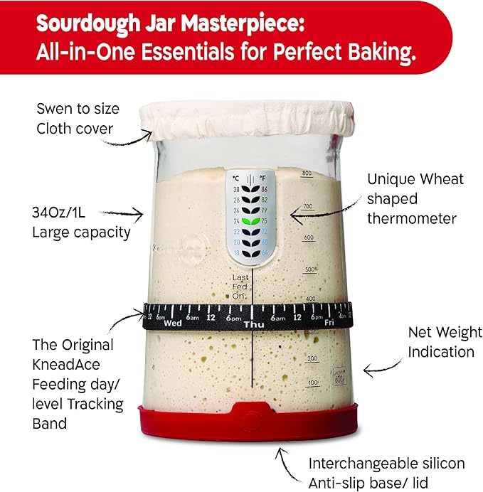 KneadAce Ultimate Sourdough Starter & Proofing Kit – 34oz Sourdough Starter Jar & Round Cotton Rope Proofing Basket Set for Perfect Homemade Artisan Bread
