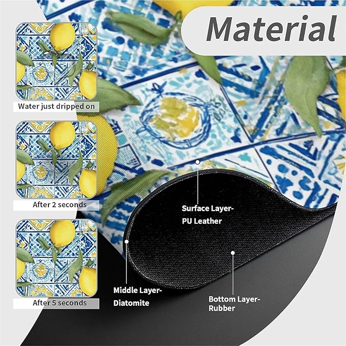 Kitchen Sink Splash Guard，Blue tiles and lemons Faucet Mat Sink Gadgets-Super Absorbent Fast Drying Mat Drip Catcher for Kitchen, Bathroom,Sink Mat, Dish Drying Mat, Bathroom(15" X 5.5" )