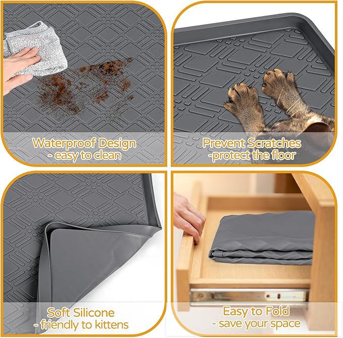 Lanstics Cat Food Mat, 42" x 29" Large Silicone Mat Cat Feeding Mat with Raised Edge Non-Slip Pet Feeding Mat for Food and Water Bowl, Easy to Clean, Floor Protection (Dark Gray)