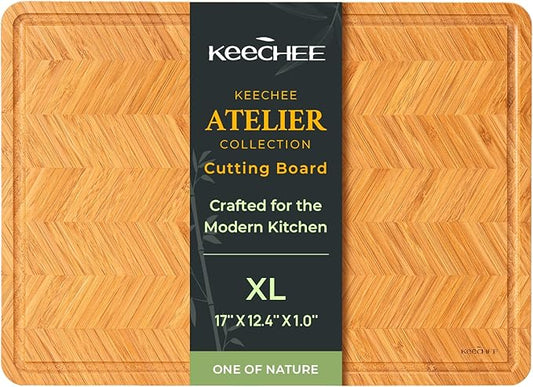 Keechee Atelier Collection Bamboo Cutting Board, Reversible Wood Chopping Boards for Kitchen with Juice Grooves, Handcrafted Large Serving Tray, Luxury Housewarming Wedding Gifts for New Home