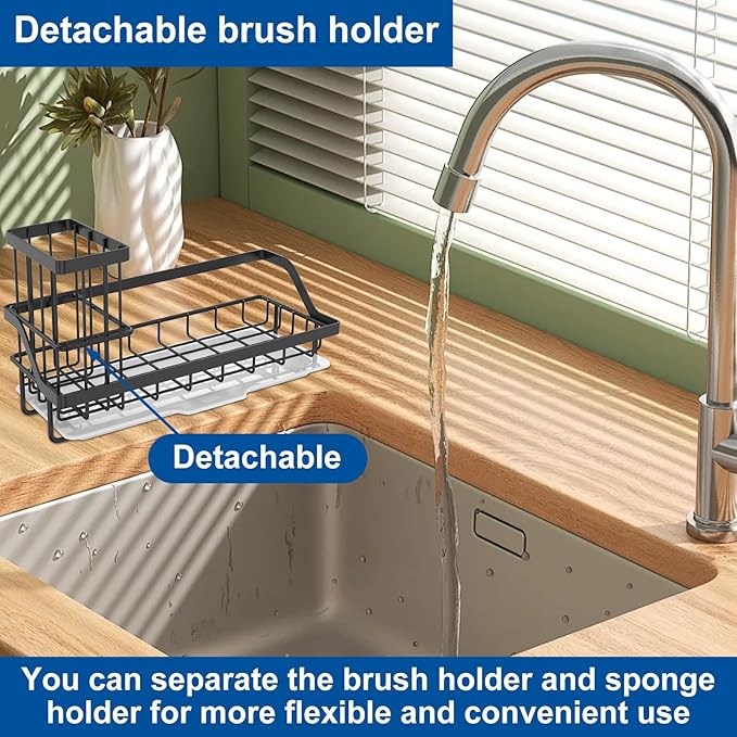 1PCS Sink Drain Rack Stainless Steel Sponge Holder Sink Organizer Rack Rustproof Kitchen Countertop Brush Sponge Holder with Detachable Drip Tray