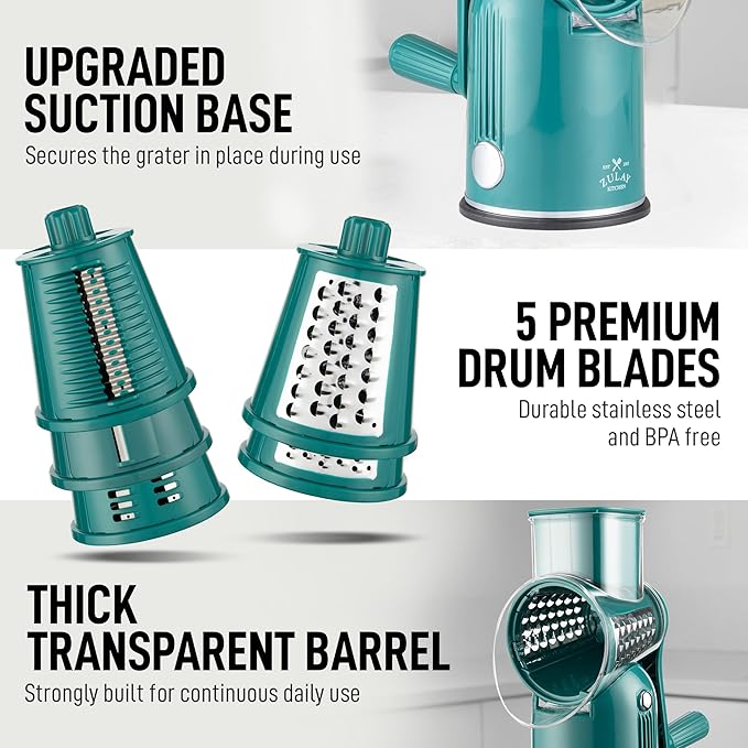 Zulay Kitchen Rotary Cheese Grater 5 Blade Cheese Shredder - Manual Hand Crank Cheese Grater With Reinforced Suction & 5 Interchangeable Drums - Easy to Use, Vegetable Chopper Round Mandoline Slicer