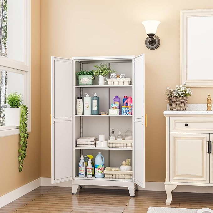 erosoei Metal Pantry Storage Cabinet, Kitchen Storage Cabinets with Adjustable Feet and Shelves, Metal Pantry Cabinet for Kitchen, Living Room, Laundry Room and Dinning Room (2door-White)
