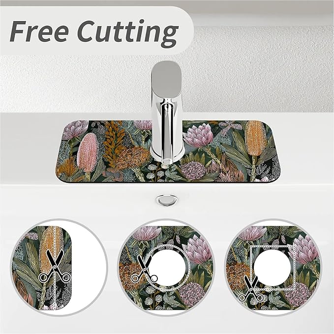 Kitchen Sink Splash Guard，Bohemian flowers and plants Faucet Mat Sink Gadgets-Super Absorbent Fast Drying Mat Drip Catcher for Kitchen, Bathroom,Sink Mat, Dish Drying Mat, Bathroom(15" X 5.5" )