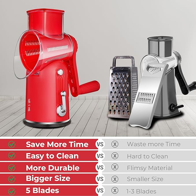 Rotary Cheese Grater Hand Crank with 5-in-1 Interchangeable Blades & Strong Suction Base Vegetables Shredder Manual Slicer for Kitchen, Red