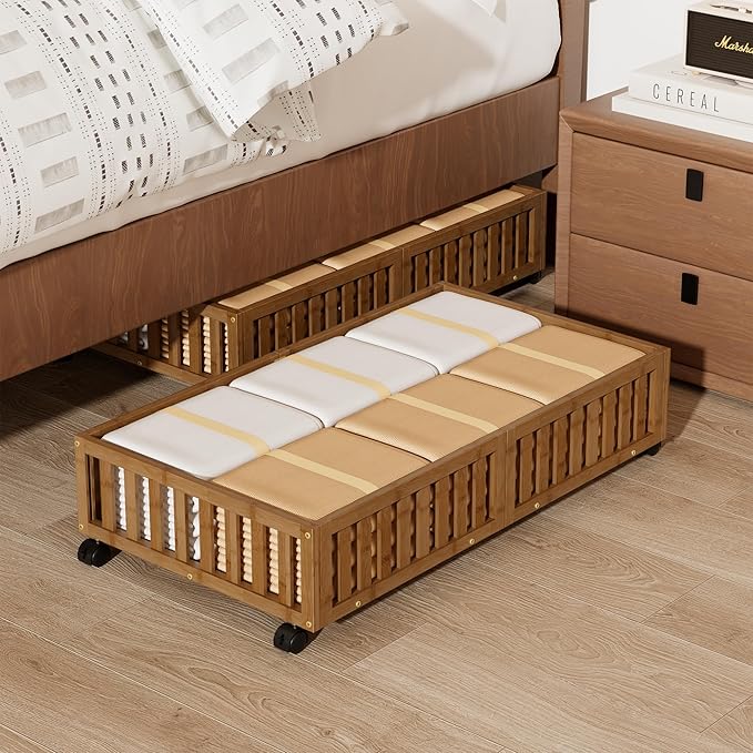 Bamboo Under Bed Storage with Wheels,Rolling Underbed Shoe Organizer Box for Shoes,Blankets,Toys,Clothes Container Space-Saving Bins for Bedroom,Closet,Dorm,Nursery