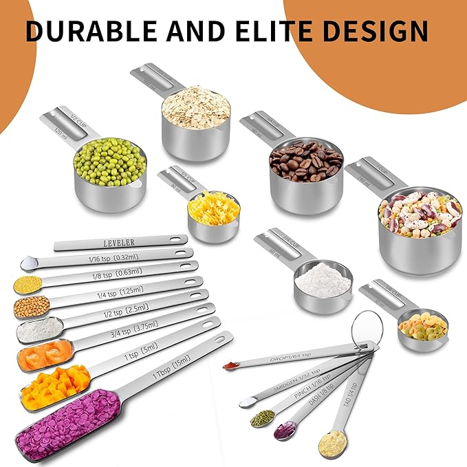 Minteem Stainless Steel Measuring Cups and Spoons Set of 20, 7 Nesting Measuring Cups, 7 Spoons & 1 Leveler, 5 Mini Spoon, Kitchen Gadgets for Cooking & Baking, Square