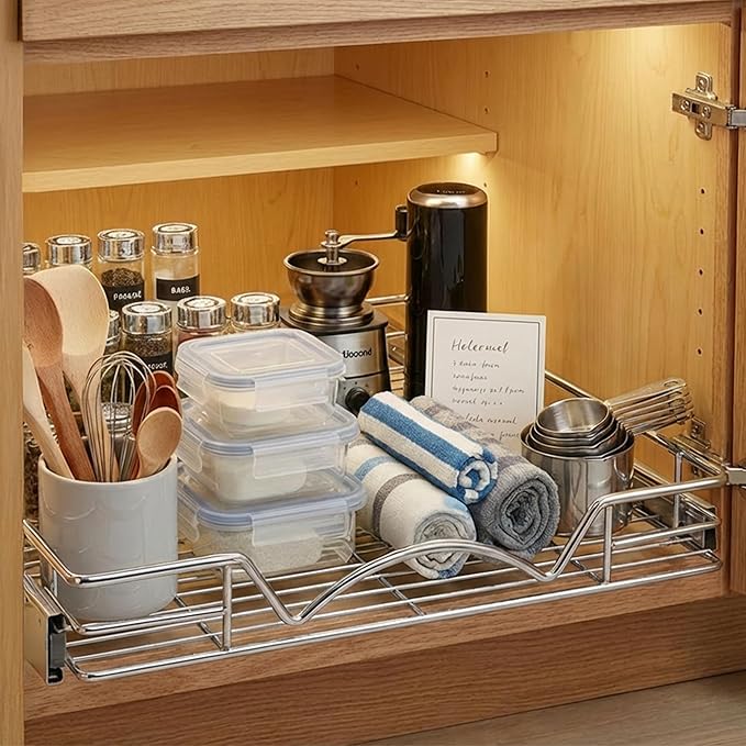 HOLDN’ STORAGE Pull Out Cabinet Organizer, Heavy Duty Caddy w/Lifetime Limited Warranty - 28”W x 21”D - Requires At Least 29-1/4” Cabinet Opening, Steel Metal Cabinet Drawers Slide Out, Chrome
