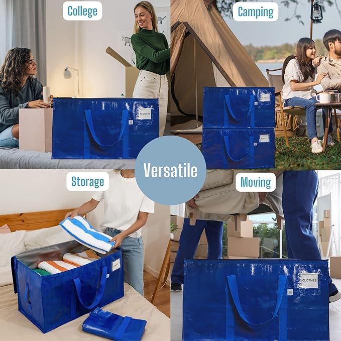 VENO 16 Pack Moving Bags, Upgraded Heavy Duty, Moving Boxes Alternative, Packing Storage Supplies for Dorm Room Essentials with Zipper for Clothes, Large Totes for Packaging (Blue, 16 Pack)