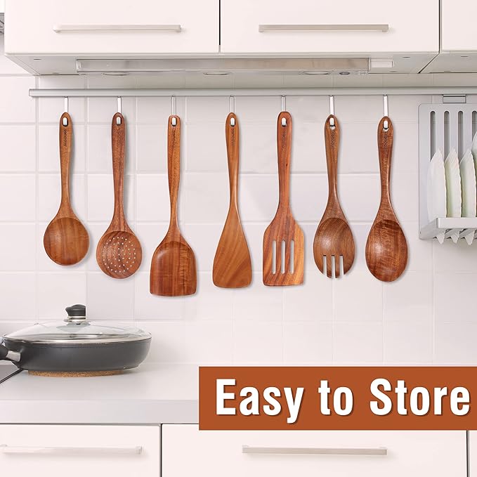 Mooues Wooden Spoons for Cooking, Wooden Utensils for Cooking Natural Teak Wooden Kitchen Utensils Set Comfort Grip(9 PCS SET GIFT BOX)