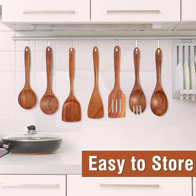 15Piece Wooden Spoons for Cooking Natural Teak Wooden Kitchen Utensils Set Comfort Grip