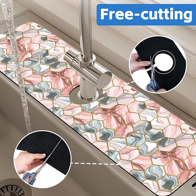 Abstract Gray and Red Hexagon Sink Faucet Absorbing Mat Sink Splash Guard Faucet Mat Draining Mat Fast Drying Sink Protectors for Kitchen and Bathroom 5.5"×24"