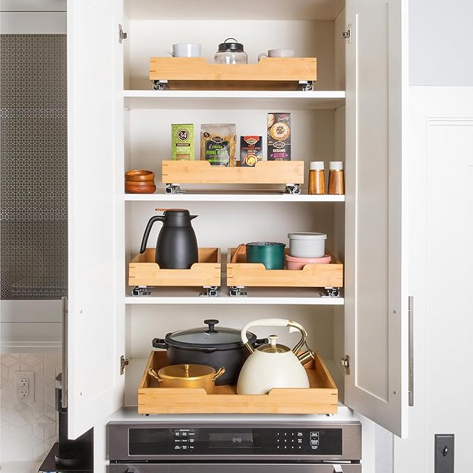 HOLDN’ STORAGE Bamboo Wooden Pull out Cabinet Organizer 20" W x 21" D - Requires At Least a 21.25" W x 21" D. Cabinet Opening. W/Lifetime Limited Warranty. Bamboo Tray and Heavy gauge metal rails.