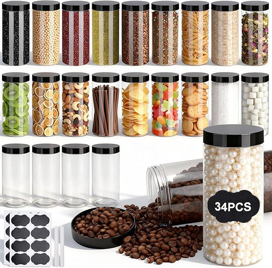 Plastic Jars with Lids,OBKJJ 34 PCS 16 OZ Large Capacity Clear Storage Containers with Leakproof Lids Reusable Empty Storage Container for Dry Food Spice Candy Cookie Household and Kitchen Organizing