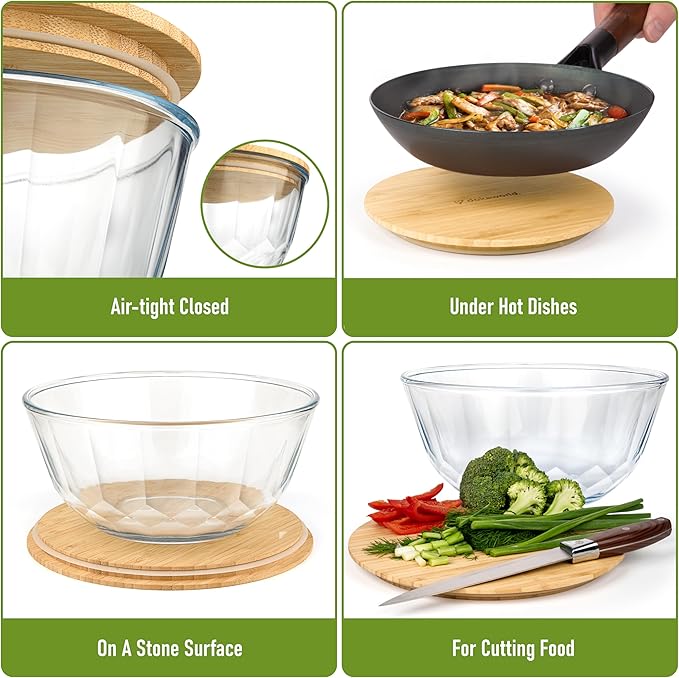 dokaworld Large Stackable Set of 5 Nesting Glass Bowls with Bamboo Lids for Foodprep, Storage, Baking, Sourdough Mixing & Cooking. Microwave & Oven Safe Heat Resistant Inert Borosilicate Glass
