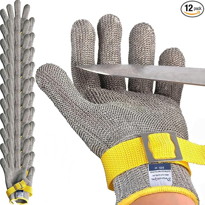 Dowellife ANSI A9 Cut Resistant Glove Food Grade, Stainless Steel Mesh Metal Knife Cutting Glove for Butcher Meat Cutting Oyster Shucking Kitchen Mandoline Chef Slicing Fish Fillet (Small-12 Pcs)