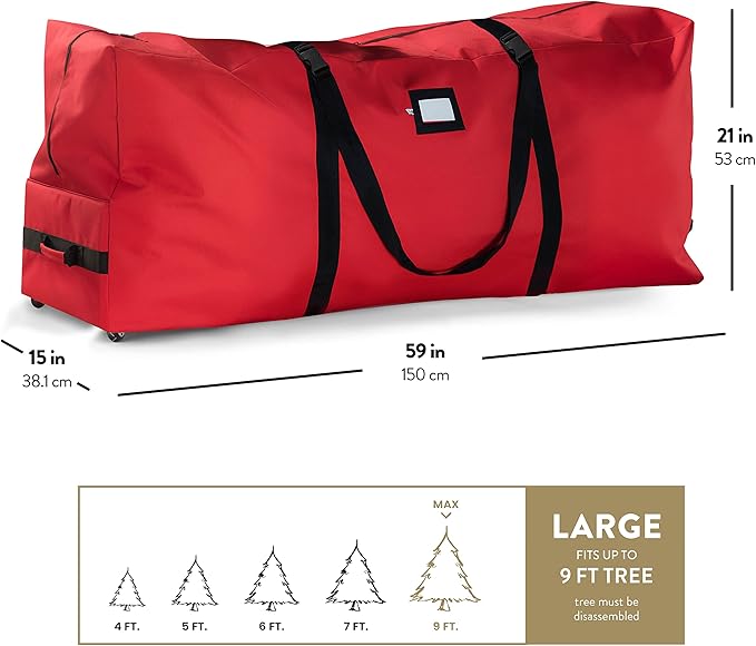 ZOBER 600D Oxford Fabric Large Rolling Christmas Tree Storage Bag - Fits 9 Ft Artificial Trees - Waterproof Christmas Tree Bag For Storage Box For Xmas, Durable Handles and Wheels - Card Slot - Red