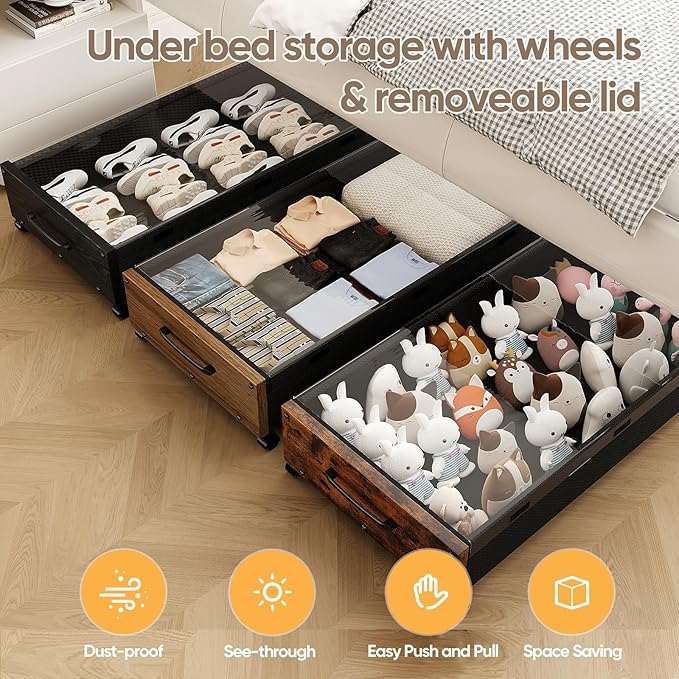 Under Bed Storage Containers with Wheels, Extra Large Wooden Underbed Shoes Organizer 2 Packs, Rolling Under the Bed Storage Drawers with Clear Lid, Heavy Duty Metal Frame for Clothes 36"L (Vintage)