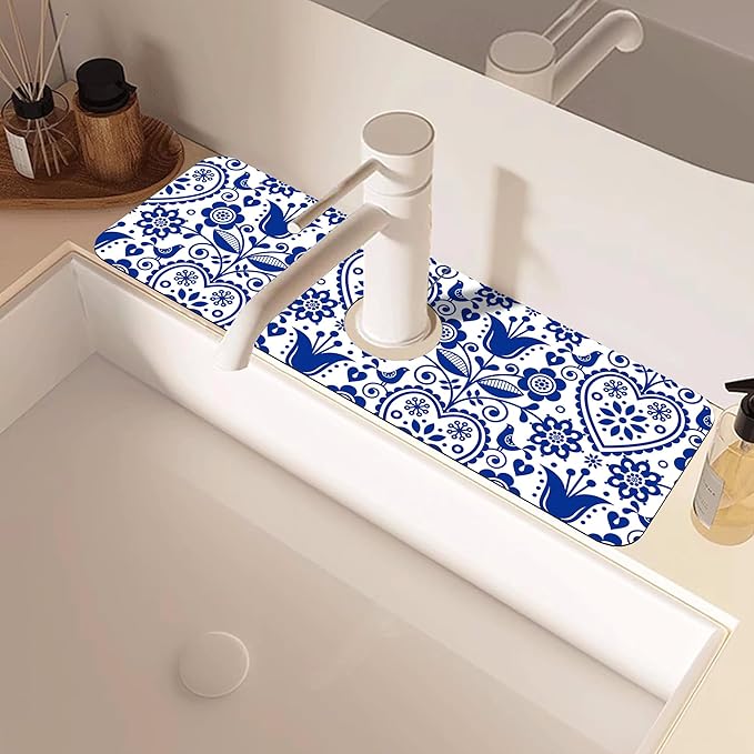 Vintage Bird Heart Floral Dish Drying Mat for Kitchen Sink Navy Blue Sink Splash Guard Faucet Mat Draining Mat Fast Drying Sink Protectors for Kitchen and Bathroom 5.5"×15"