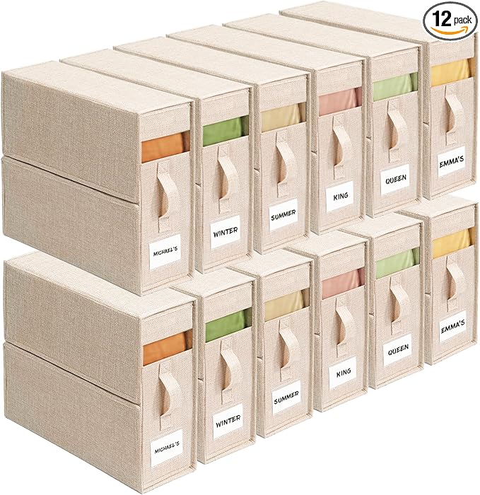 12Pack Sheet Organizers and Storage - King/Queen Size Sheet Storage Organizer with Window, Foldable & Dustproof Sheet Organizer for Linen Closet for Summer Blankets & Sheet Sets,Beige