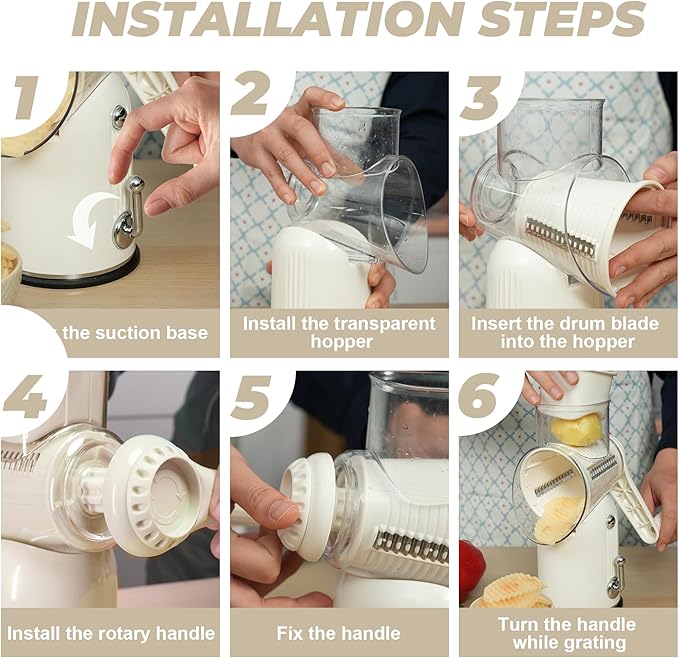 Rotary Cheese Grater Hand Crank with 5-in-1 Interchangeable Blades & Strong Suction Base Vegetables Shredder Manual Slicer for Kitchen, Cream
