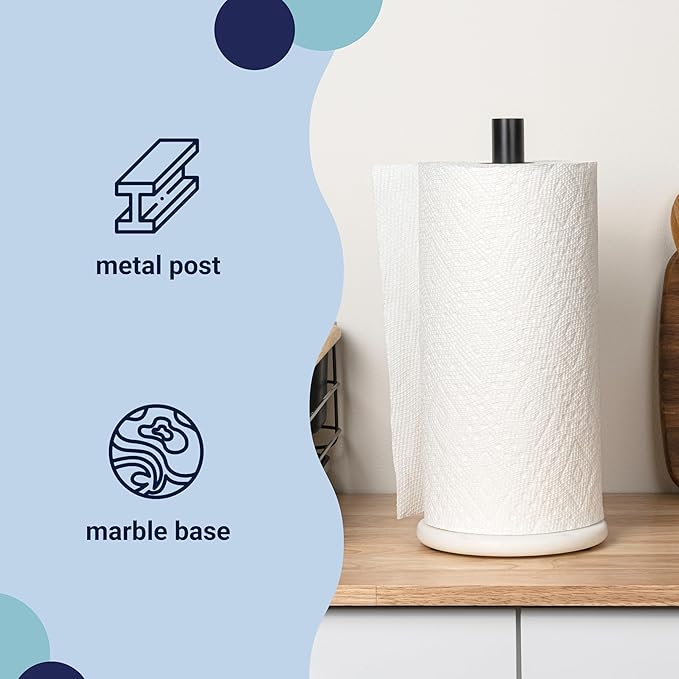 happimess PRH2000F Avery Modern Classic Metal with Non Slip Weighted Marble Base Paper Towel Holder, for Bathroom Kitchen Countertop, Standard or Jumbo-Sized Roll Paper, White/Black