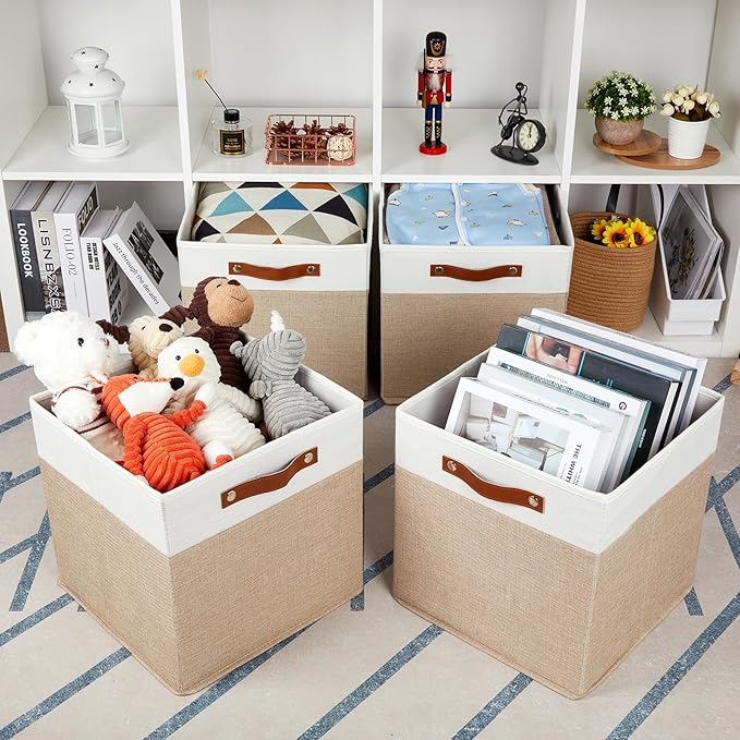 HNZIGE Fabric Cloth Storage Bins for Cube Organizers, Set of 4 Fabric Foldable Canvas Storage Bins for Shelves, Toy Nursery Closet Bedroom(Beige&White)