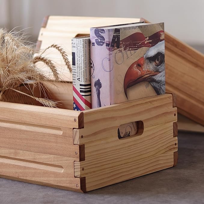 KLZLQ-XINCHEN 1 Pack Wooden Storage Bin of 16"x12"x6.25".Durable Open Solid Wood Box w/Handles.Farmhouse Container Shelf Baskets. Multipurpose Home Décor Organizer Crates for Display,Pantry,Book,CD