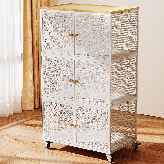 3 Tier Metal Storage Cabinet with wheels, Storage Bins with Magnetic Doors, Storage Cart for Living Room, Bedroom, Bathroom, Laundry, Kitchen