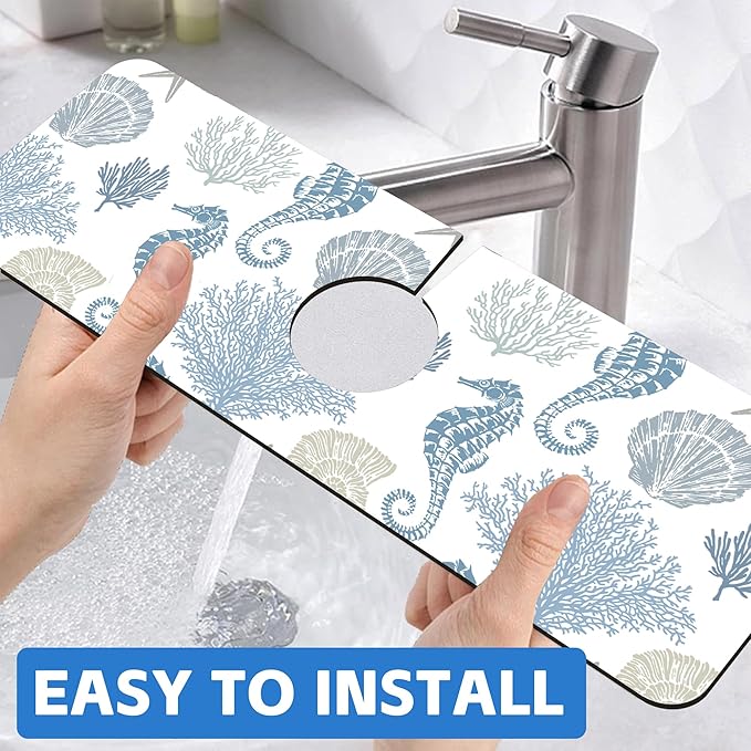 Marine Seashell Seahorse Coral Kitchen Sink Splash Guard Mat Absorbent Fast Drying Mat Faucet Draining Mat Sink Splash Guard Behind Faucet Drip Catcher for Kitchen Bathroom 5.5"×15"