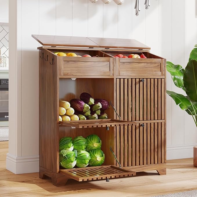 Potato and Onion Storage Bins Box, Mid Century Modern Tall Large Fruit and Vegetable Basket Storage, Walnut 4 Doors Kitchen Pantry Cabinet for Snack, Wooden Bread Storage, 3 Tier, Magnetic Flip-top