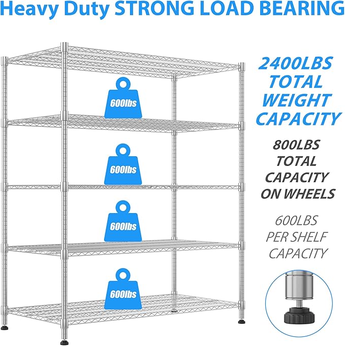 Homdox 5 Tier Heavy Duty Storage Shelves, Wire Shelving Unit with Wheels, Commercial Adjustable Metal Shelves for Storage, Garage Rack Pantry Shelves Kitchen Shelving, 24"x 60"x 82", Chrome