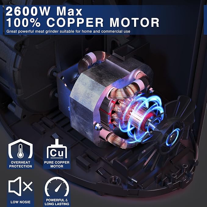 CHEFFANO Meat Grinder, 2600W Max Stainless Steel Meat Grinder Electric, ETL Approved Heavy Duty Meat Mincer Machine with 2 Blades, 3 Plates, Sausage Stuffer Tube & Kubbe Kit for Home Kitchen Use