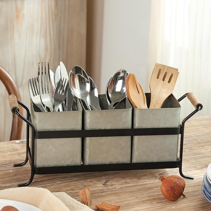HOME PALETTE Silverware Caddy for Party Kitchen Flatware Holder for Countertop Farmhouse Galvanized Cutlery Organizer with 3 Compartments for Utensils, Spoons, Knives, Forks, Cups