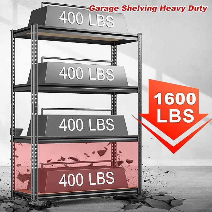 REIBII Storage Shelves Adjustable Metal Shelving 1600LBS Garage Shelves Industrial Metal Shelves 4 Tier Garage Shelving for Warehouse Basement Kitchen Pantry Closet, 11.8" D x 23.6" W x 56.7" H