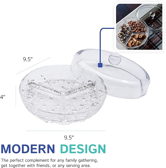 Huang Acrylic 3-Section Divided Serving Dishes with Lid | Round Snack and Condiment Tray With Cover | Multifunctional Party Snack Tray for Nuts, Candies, Fruit, and Veggies