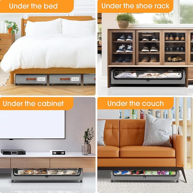 Under Bed Storage with Wheels 3Pack Underbed Storage with Clear Window&Label Under Bed Drawers Large Capacity Rolling Under Bed Storage for Clothes,Shoes, Blankets (Light Grey)