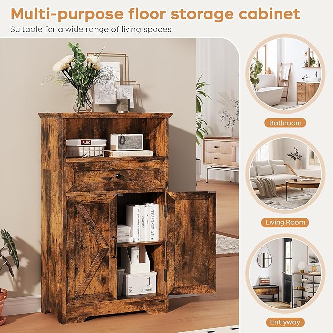 Viroformo Floor Cabinet, Farmhouse Storage Cabinet with Barn Doors and Drawer, 11.81" D x 23.62" W x 39.37" H Rustic Brown Freestanding Adjustable Shelf Organizer for Bathroom, Kitchen, Living Room