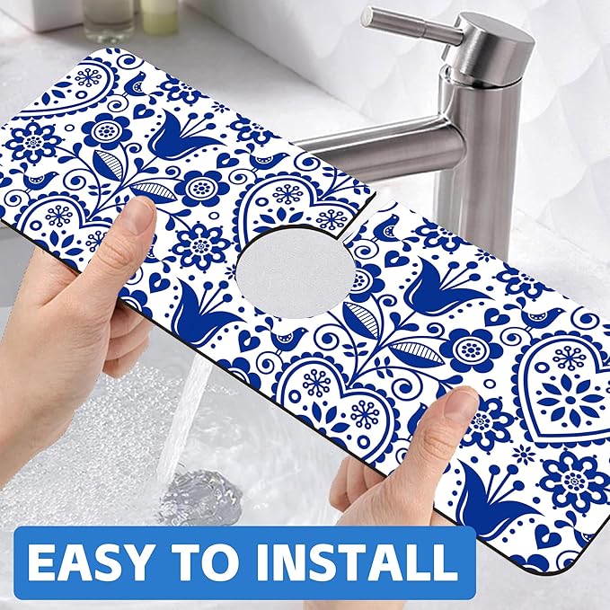 Vintage Bird Heart Floral Dish Drying Mat for Kitchen Sink Navy Blue Sink Splash Guard Faucet Mat Draining Mat Fast Drying Sink Protectors for Kitchen and Bathroom 5.5"×15"