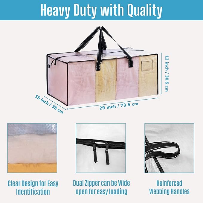 VENO 2 Pack Heavy Duty Moving Bags, Christmas Storage Bins with Lids, Clear Design, Alternative to Moving Boxes, Storage Bags for Clothes, Blankets, Comforters, Pillows, Camping (Clear, 2 Pack)