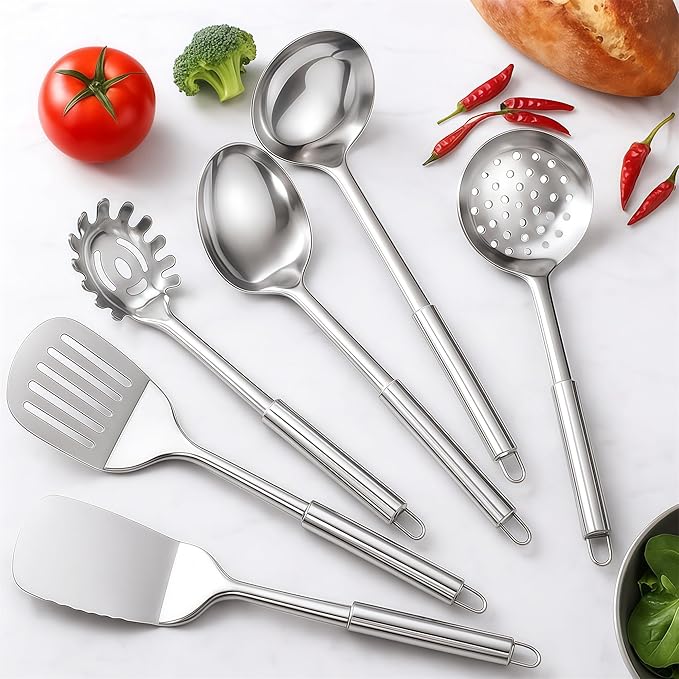 Stainless Steel Cooking Utensils Set, 25pcs Kitchen Utensils Set with Holder, Heat Resistant Kitchen Utensils Sets for Cooking with Turners, Potato Masher, Skimmer, Spoons, Tongs, Whisk