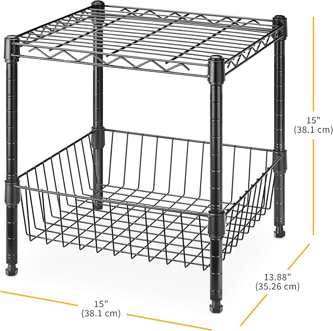 Whitmor 2 Tier Metal Storage Shelves, Heavy Duty Shelf with Basket, 350 lbs Capacity per Shelf, 700 lbs Total, Home Organizer for Kitchen, Garage, Bathroom, 15" L x 14" W x 15" H, Black